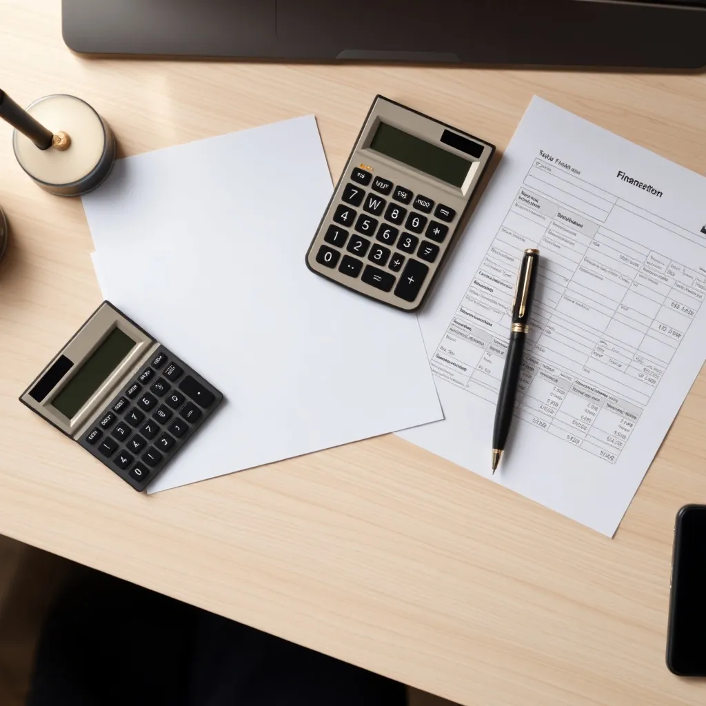 A clean professional desk with a financial calculator, tax f